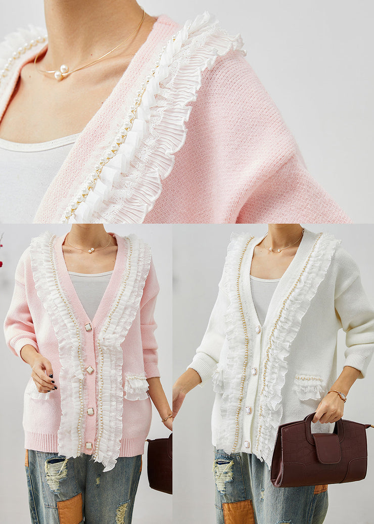 Art Pink Ruffled Patchwork Warm Knit Coats Fall