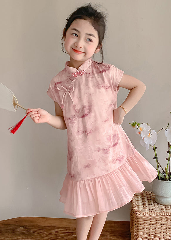 Art Pink Stand Collar Print Patchwork Kids Maxi Dress Short Sleeve