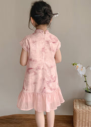 Art Pink Stand Collar Print Patchwork Kids Maxi Dress Short Sleeve