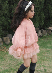 Art Pink Zip Up Pockets Patchwork Tulle Girls Dress Fall