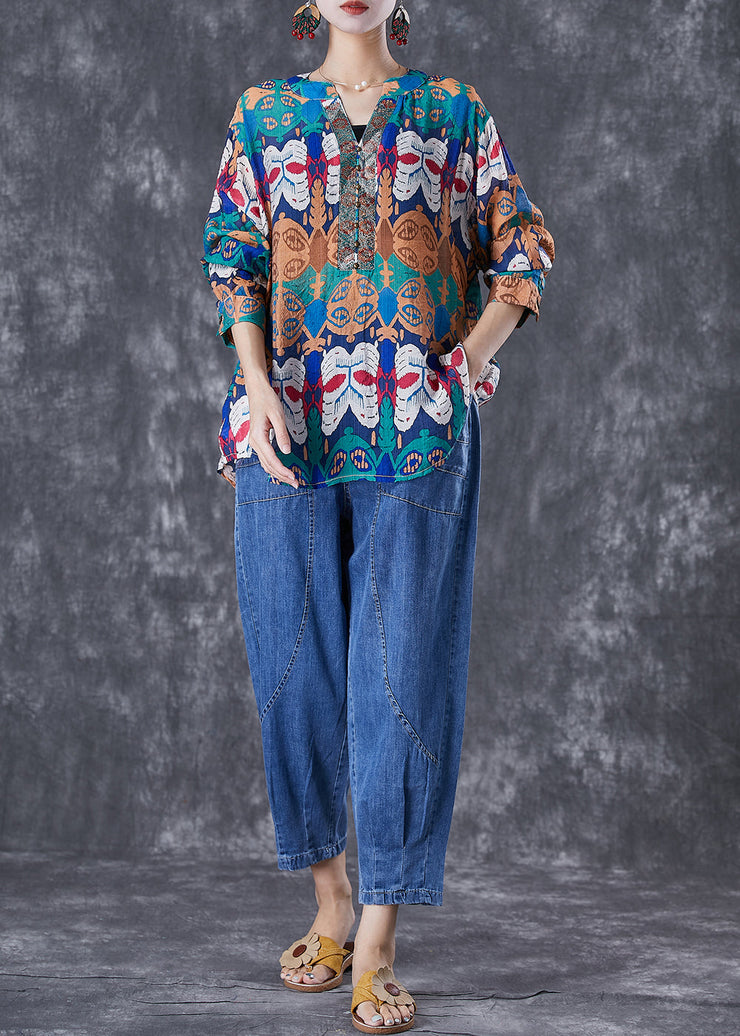 Art Print Oversized Rivet Cotton Shirts And Denim Pants Two Pieces Set Summer