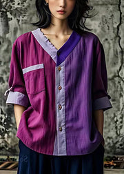 Art Purple Asymmetrical Patchwork Linen Shirts Summer