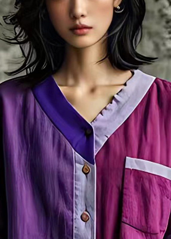 Art Purple Asymmetrical Patchwork Linen Shirts Summer