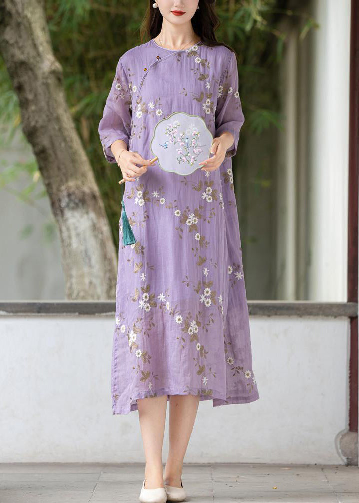 Art Purple Embroidered Button Linen Dress Summer