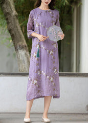 Art Purple Embroidered Button Linen Dress Summer