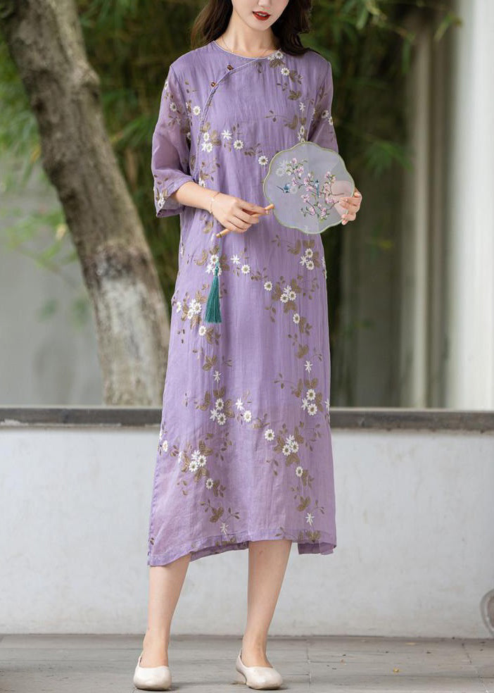 Art Purple Embroidered Button Linen Dress Summer