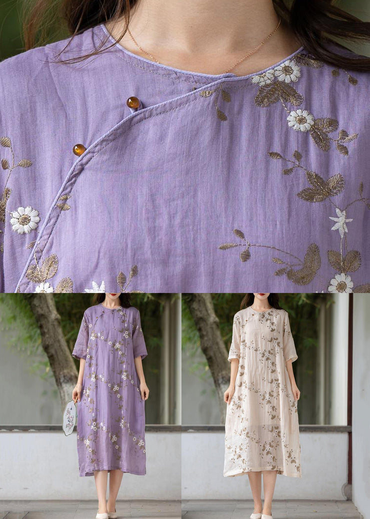 Art Purple Embroidered Button Linen Dress Summer