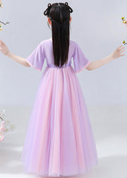 Art Purple Embroideried Tie Waist Tulle Kids Long Dresses Summer