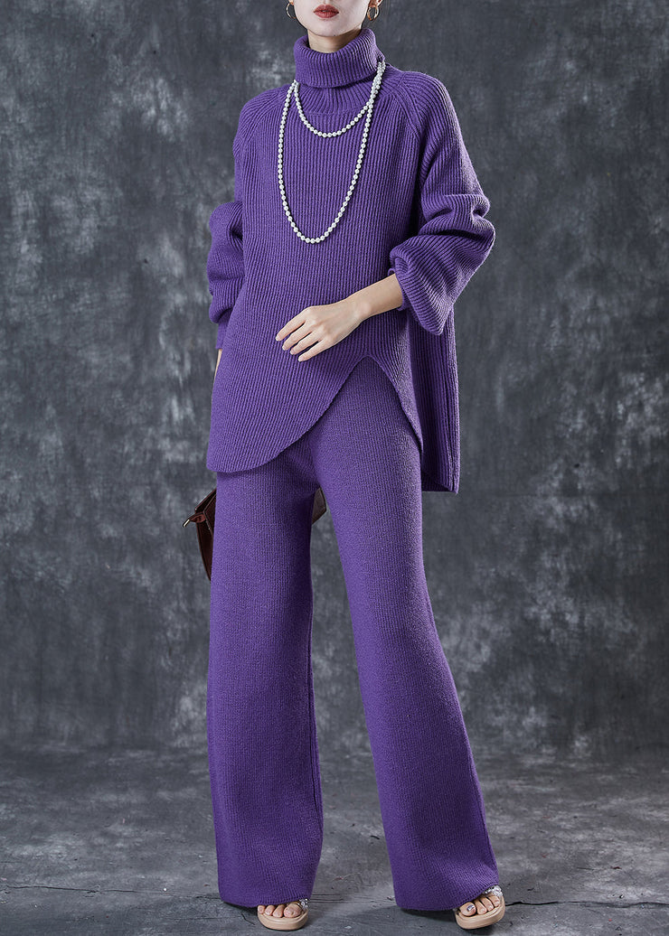 Art Purple High Neck Side Open Cozy Knit Two Pieces Set Winter