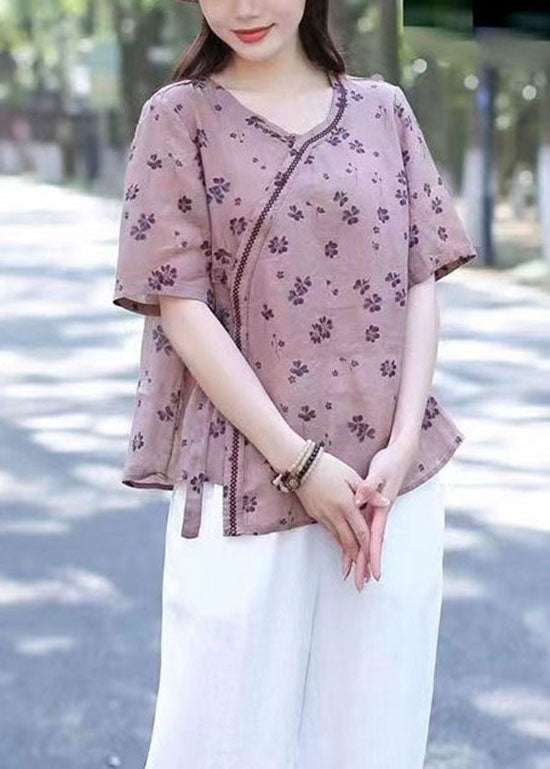 Art Purple O Neck Patchwork Linen T Shirt Tops Short Sleeve