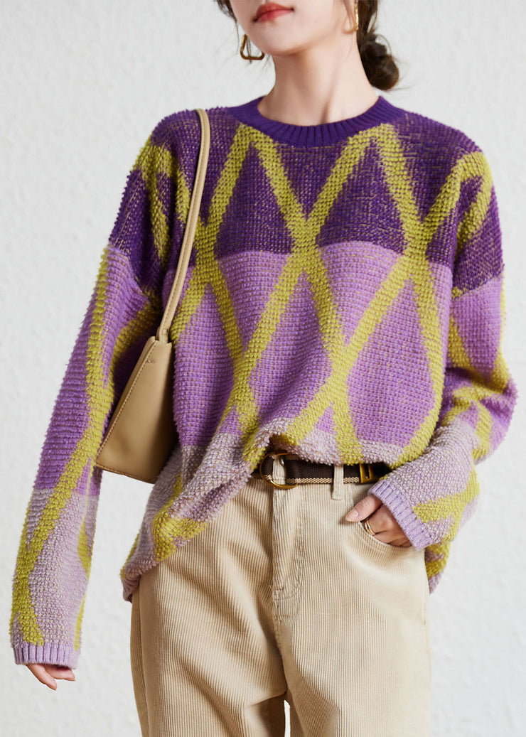 Art Purple O-Neck Plaid Patchwork Wool Knit Sweaters Long Sleeve