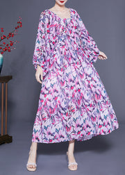 Art Purple Oversized Backless Print Chiffon Ankle Dress Lantern Sleeve