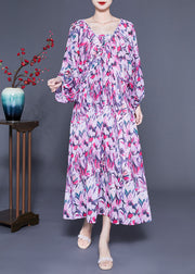 Art Purple Oversized Backless Print Chiffon Ankle Dress Lantern Sleeve