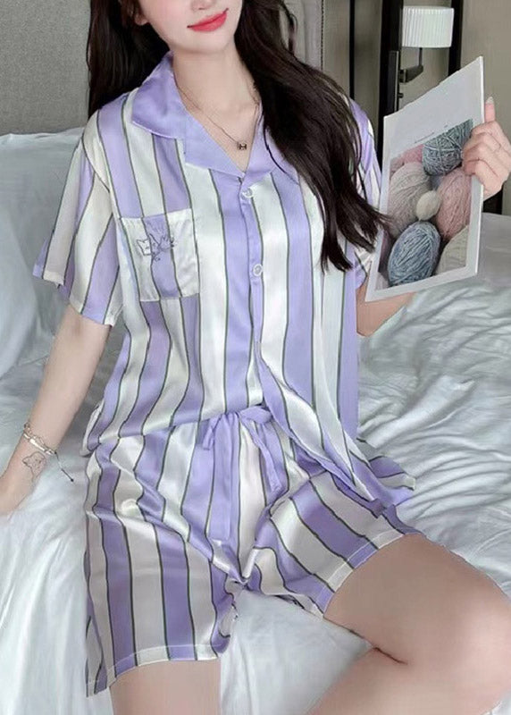 Art Purple Peter Pan Collar Striped Button Ice Silk Pajamas Two Pieces Set Summer