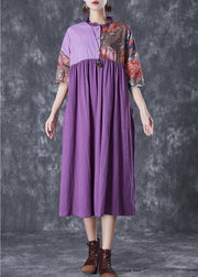 Art Purple Ruffled Patchwork Asymmetrical Linen Dress Summer