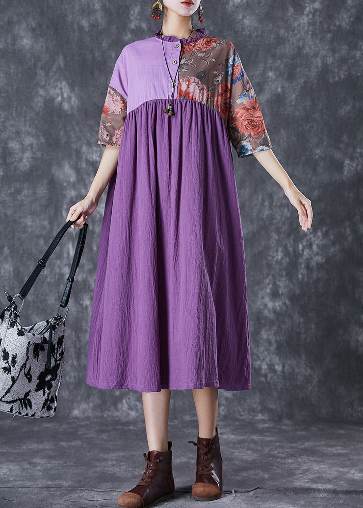 Art Purple Ruffled Patchwork Asymmetrical Linen Dress Summer