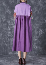 Art Purple Ruffled Patchwork Asymmetrical Linen Dress Summer