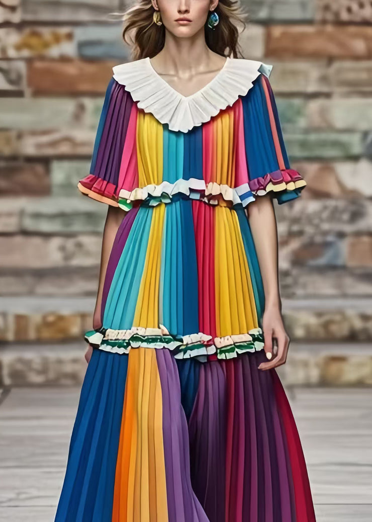 Art Rainbow Peter Pan Collar Striped Chiffon Vacation Pleated Dresses Summer