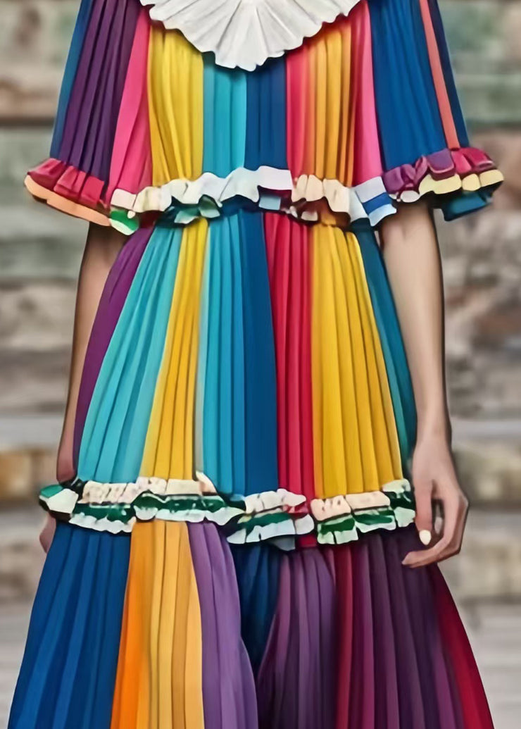 Art Rainbow Peter Pan Collar Striped Chiffon Vacation Pleated Dresses Summer