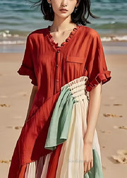 Art Red Asymmetrical Patchwork Wrinkled Cotton Dress Summer