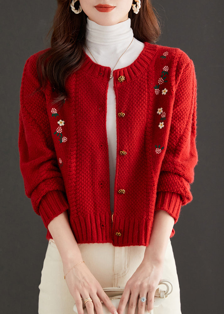 Art Red Embroidered Button Knit Cardigan Fall