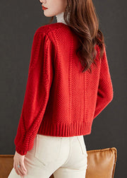 Art Red Embroidered Button Knit Cardigan Fall