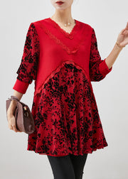 Art Red Jacquard Patchwork Silk Velour Mini Dresses Fall