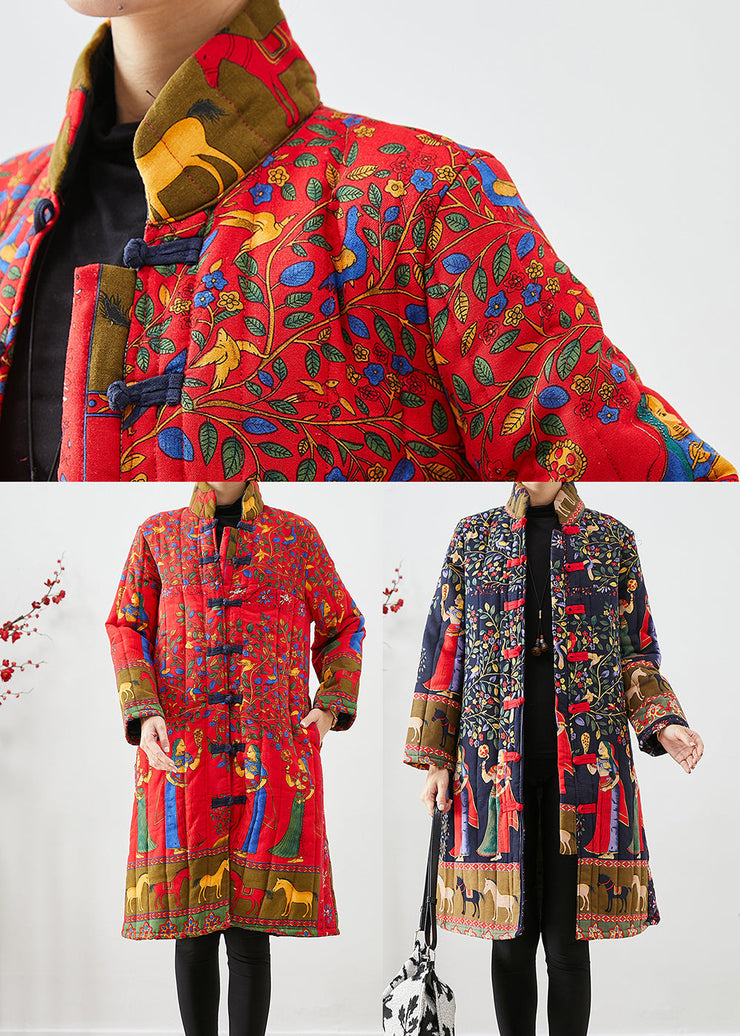 Art Red Mandarin Collar Print Fine Cotton Filled Parka Winter