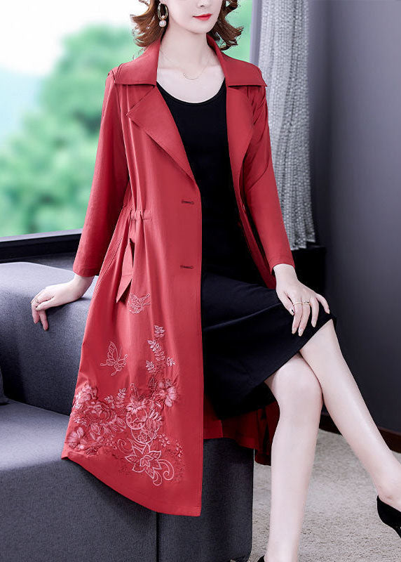 Art Red Notched Collar Pockets Spandex Trench Coat Outwear Fall