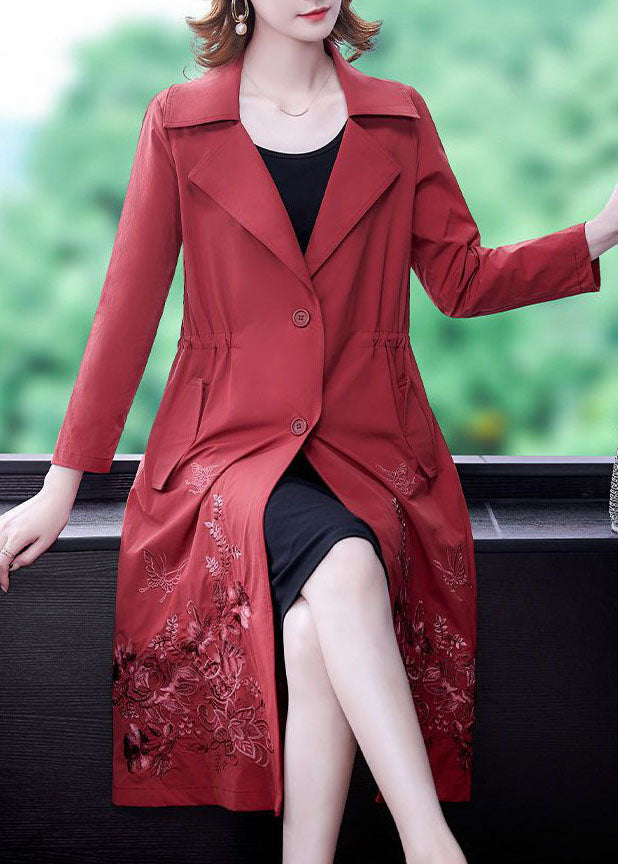 Art Red Notched Collar Pockets Spandex Trench Coat Outwear Fall