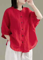 Art Red-print3 O-Neck Button Linen Loose Shirt Top Lantern Sleeve