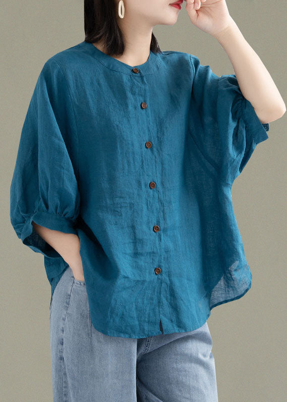 Art Red-print4 O-Neck Button Linen Loose Shirt Top Lantern Sleeve