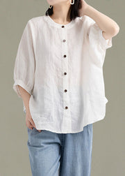 Art Red-print1 O-Neck Button Linen Loose Shirt Top Lantern Sleeve