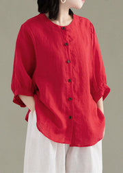 Art Red-print4 O-Neck Button Linen Loose Shirt Top Lantern Sleeve