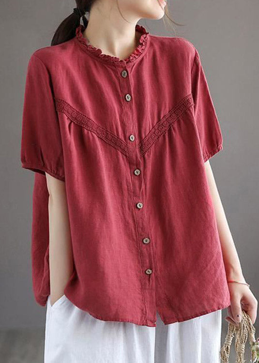 Art Red O-Neck Embroideried Floral Button Linen Shirt Lantern Sleeve