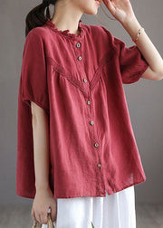 Art Red O-Neck Embroideried Floral Button Linen Shirt Lantern Sleeve