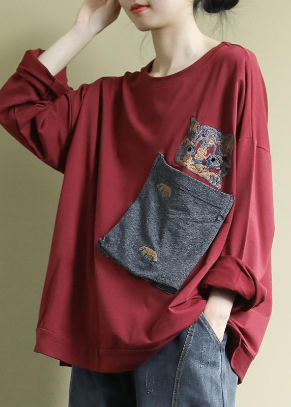 Art Red O-Neck Embroideried Floral Pockets Cotton Sweatshirt Long Sleeve