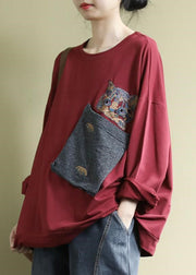 Art Red O-Neck Embroideried Floral Pockets Cotton Sweatshirt Long Sleeve