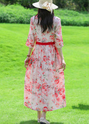 Art Red O Neck Print Lace Up Linen Dress Summer