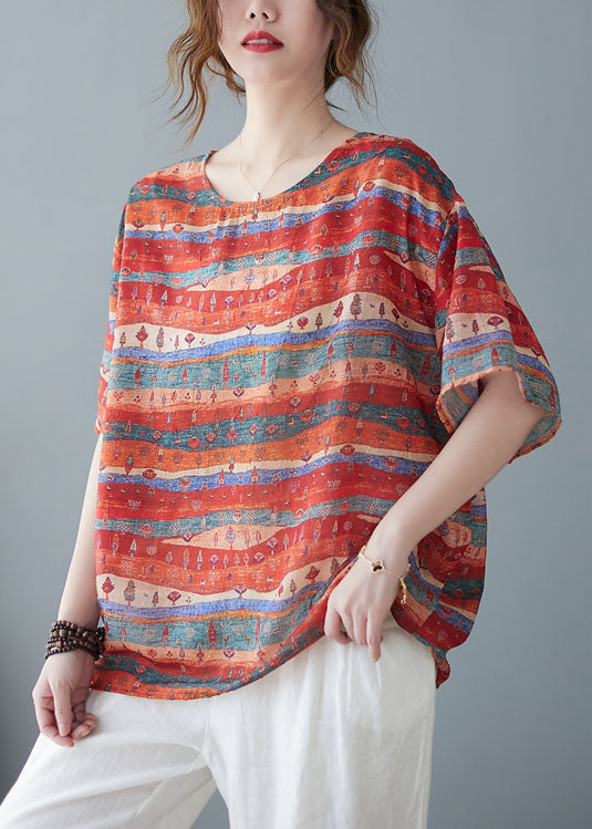 Art Red O Neck Print Patchwork Linen T Shirt Tops Short Sleeve