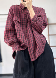 Art Red Oversized Plaid Linen Shirt Tops Fall