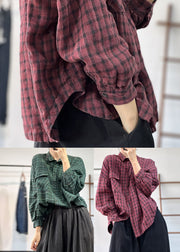 Art Red Oversized Plaid Linen Shirt Tops Fall