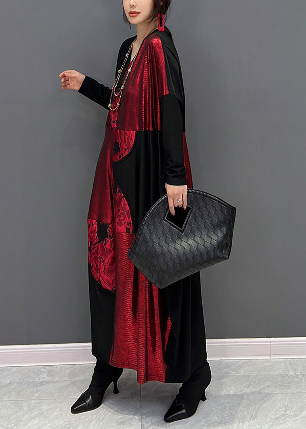 Art Red Patchwork Black V Neck Print Maxi Dress Fall