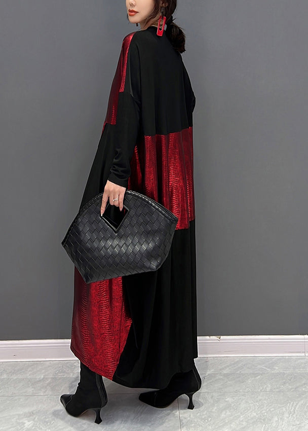 Art Red Patchwork Black V Neck Print Maxi Dress Fall