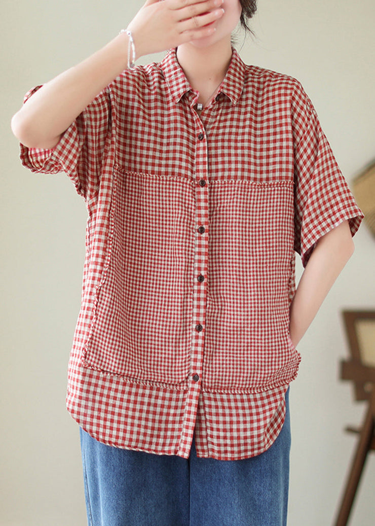 Art Red Peter Pan Collar Plaid Linen Shirt Top Summer