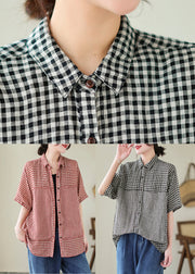 Art Red Peter Pan Collar Plaid Linen Shirt Top Summer