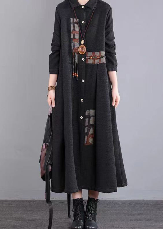 Art Red Peter Pan Collar Pockets Patchwork Warm Fleece Maxi Dresses Winter