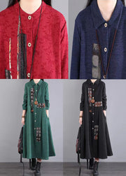 Art Red Peter Pan Collar Pockets Patchwork Warm Fleece Maxi Dresses Winter