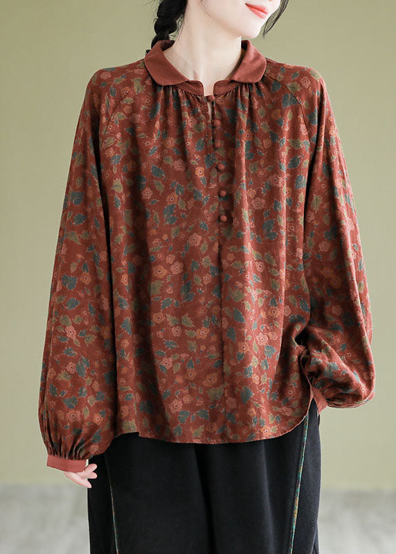 Art Red Peter Pan Collar Print Top Lantern Sleeve