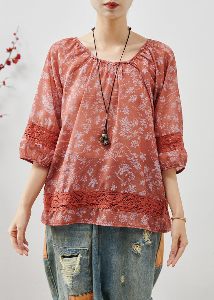 Art Red Print Patchwork Lace Cotton Shirt Summer